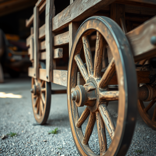 Create a detailed image of a vintage wooden cart with a rustic design, captured from a low angle perspective, using a DSLR camera with a 50mm lens, aperture set to f/8, shutter speed 1/125 sec, ISO 200, natural lighting to enhance textures and colors.