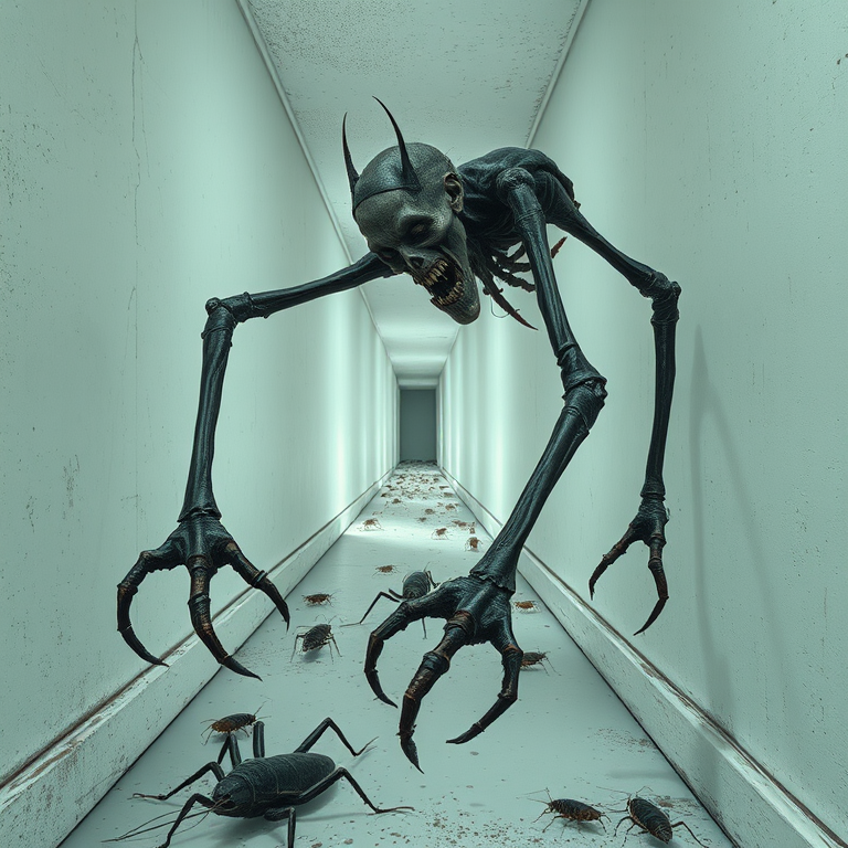 a crooked male with long arms and a creepy smile is crawling along a long white corridor and you can also see cockroaches in it there is a creepy atmosphere creepy art style