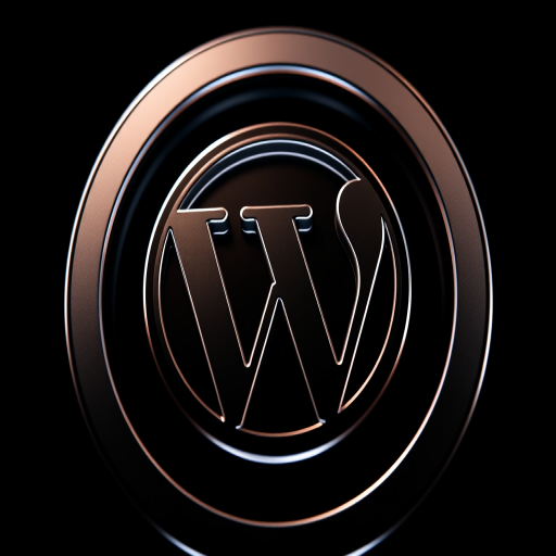 Create a high-resolution image of a circular logo featuring the WordPress symbol, perspective view with a glossy finish, 50mm lens, f/2.8 aperture, ISO 100, soft studio lighting.