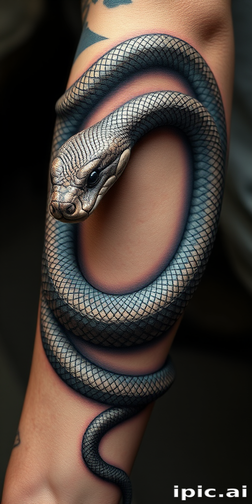 Hyperrealistic 3D snake tattoo coiling around the arm, with incredibly detailed scales and lifelike textures creating the illusion of a living creature on the skin
