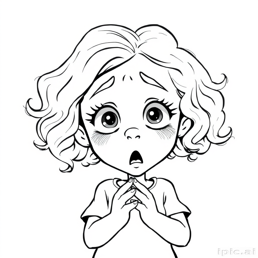The image is a black and white illustration of a young girl with curly hair. She has a surprised expression on her face with her mouth open and her hands clasped together in front of her chest. Her eyes are wide and her eyebrows are furrowed. Her hair is styled in loose curls that are cascading down her back. The overall mood of the image is one of shock or surprise.