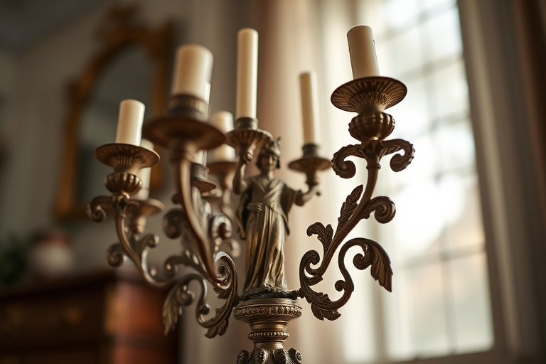 Create a detailed image of a vintage candelabra featuring intricate designs and a figure holding a set of candles, using a DSLR camera at f/2.8 aperture, ISO 100, and a shutter speed of 1/125 sec, captured in soft natural lighting with a focus on texture and depth, using a low-angle view to emphasize the height and detail of the candelabra.