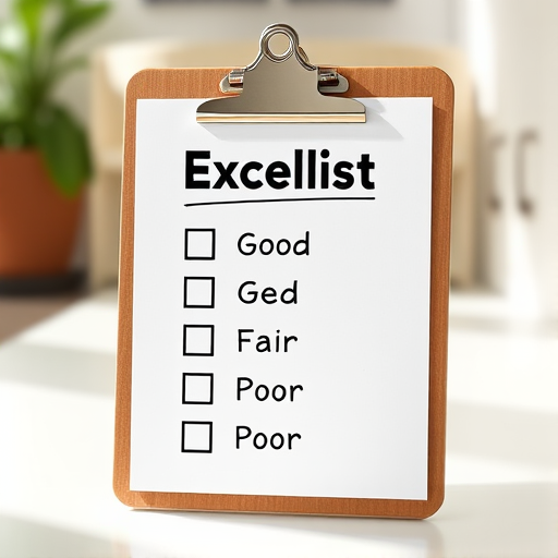 create a high-resolution digital illustration of a clipboard with a checklist, featuring the word "Excellent" checked, and options for "Good," "Fair," and "Poor" unmarked, soft natural lighting, depth of field focus, using a DSLR camera at f/2.8 aperture, 50mm lens, ISO 100, and a slight angle view for depth.