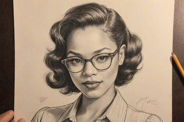 Charming Jasmine Cephas Jones, pencil sketch, portrait of Alluring woman 1940s in glasses, hair style beatnik, outline, clear lines, fine lines, 8k