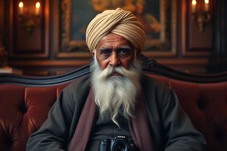 Regenerate a portrait of an elderly man with a long white beard and a turban, seated on an opulent velvet sofa in a dimly lit vintage room, using a DSLR camera with a 50mm lens, aperture set to f/1.8, ISO 200, with a warm color tone and soft focus background.