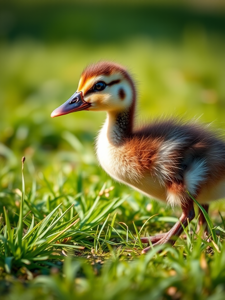 create a high-resolution image of a brown and white duckling walking on green grass with a shallow depth of field, using a Canon EOS 5D Mark IV, 50mm f/1.8 lens, ISO 200, shutter speed 1/200s, in natural daylight for vibrant colors and clarity.
