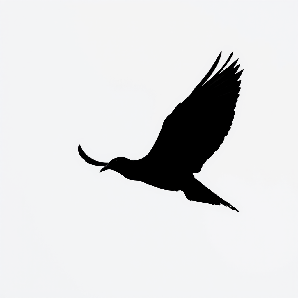 Generate a high-resolution image of a sleek, modern black silhouette of a bird in flight against a minimalist background, captured with a Canon EOS R5 at f/2.8, ISO 100, 1/500s, in a portrait orientation to emphasize the curves and dynamics of the bird.