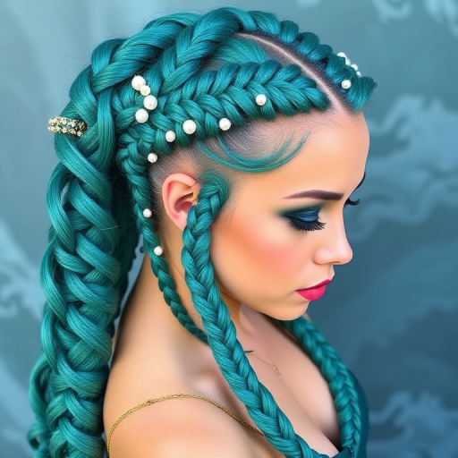 Mesmerizing teal mermaid braids, known as "Ocean Empress," incorporate intricate plaits and waves reminiscent of the sea, adorned with pearlescent accents