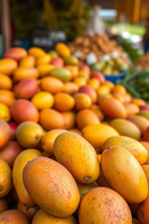 Capture a vibrant market scene featuring a large pile of ripe mangoes, shot with a Canon EOS R5, 50mm lens, f/1.8 aperture, ISO 200, natural lighting, shallow depth of field for a blurred background, and a focus on the texture and color of the mangoes.