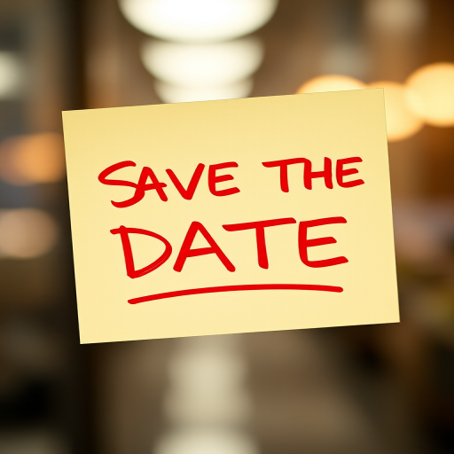 Create an image of a sticky note with the text "SAVE THE DATE" in bold red letters, captured with a DSLR camera at f/2.8 aperture, 50mm lens, and a depth of field effect, focusing on the note with a blurred background to enhance image quality.