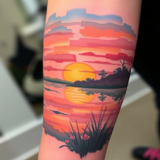 Painterly tattoo named "Impressionist Dawn" recreating a sunrise landscape in the style of Monet, with soft, blended colors and visible brushstrokes to capture the essence of light and atmosphere