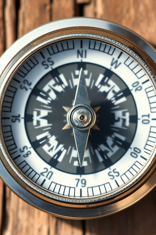 Create a high-resolution image of a compass face with clear markings and a shiny metallic finish, captured with a DSLR camera at 50mm lens, f/2.8 aperture, ISO 100, shot in natural light from a top-down view to enhance detail and contrast.