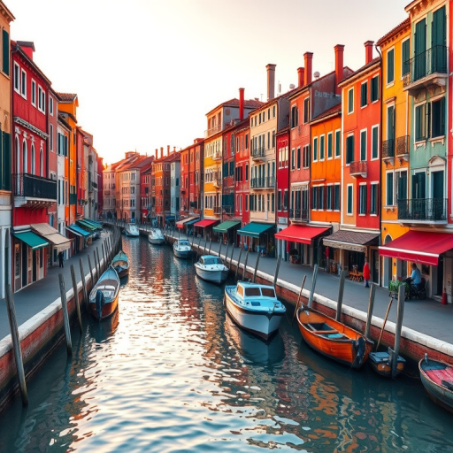 Regenerate a vibrant watercolor-style image of a colorful canal with historic buildings and boats, using a DSLR camera with a 50mm lens, aperture set to f/2.8, ISO 100, shooting in natural light during golden hour from eye level for enhanced detail and brightness.
