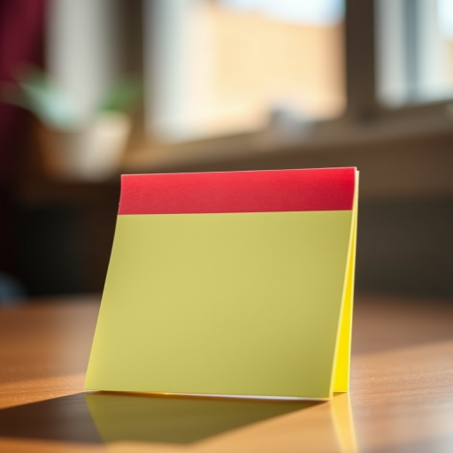 Create a high-resolution image of a sticky note pad with a red top, positioned slightly angled to show the pages clearly, using a DSLR camera at f/4 aperture, ISO 100, and 50mm lens in natural light with a shallow depth of field.