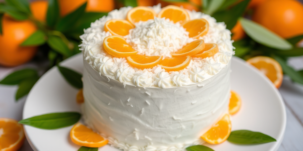 A beautifully decorated cake with a fluffy white frosting topped with a generous layer of coconut flakes and arranged with vibrant orange slices and segments around the edge. The cake is placed on a white plate with fresh green leaves and bright oranges in the background, creating a fresh and inviting atmosphere.