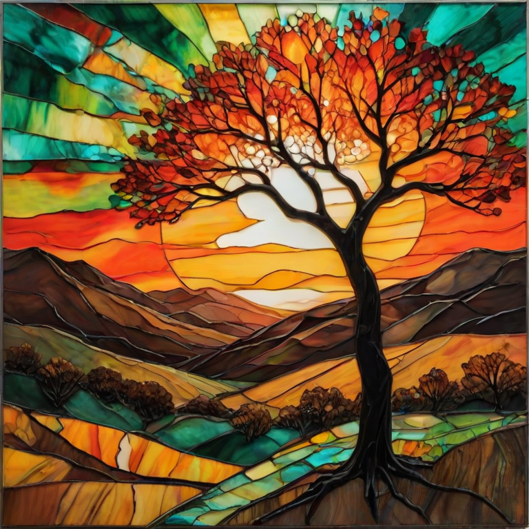 A vibrant abstract painting on Tiffany Glass, blending acrylic and alcohol ink techniques, captures a dramatic sunset over rolling hills. The artwork features a textured, rocky foreground in green and brown, layered abstract hills, and a striking sunset in rich oranges, yellows, and reds. A solitary black tree with intricate branches contrasts against the fiery sky, creating a dynamic and expressive portrayal of a breathtaking natural scene.