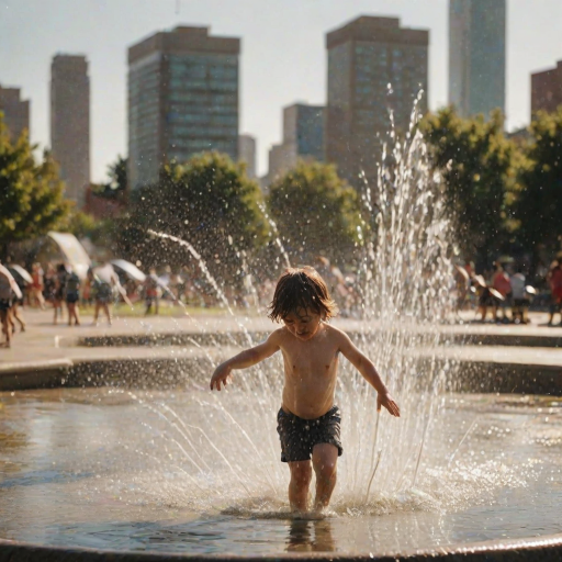Blurry candid shot of a child playing in a fountain on a hot summer day, water droplets caught mid-splash, with soft sunlight creating rainbow reflections in the mist and distant city buildings in the background.