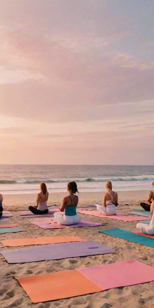 Peaceful yoga class on a beach at sunrise, participants in various poses on colorful mats, the waves gently crashing behind them, and the sky painted in soft hues of pink and orange.