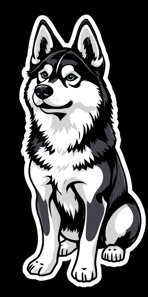 generate sticker, 3D black and white yakutian laika dog breed, black background