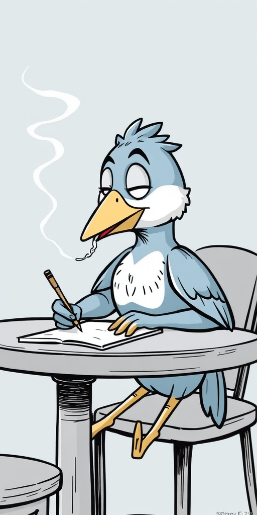 A cartoon bird character sitting at a table, writing on a notepad with a cigarette in its mouth, a relaxed expression, smoke rising, detailed line art with a light blue and black color scheme, soft focus, 50mm lens, f/2.8 aperture, natural lighting.