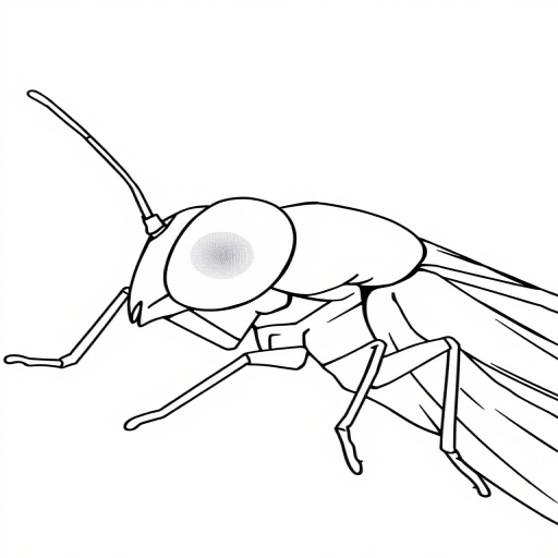 Create a minimalist line art illustration of a lying insect with a large eye, captured in a close-up view using a DSLR camera with a 50mm lens, aperture at f/2.8, ISO 100, and natural lighting to enhance clarity and details.