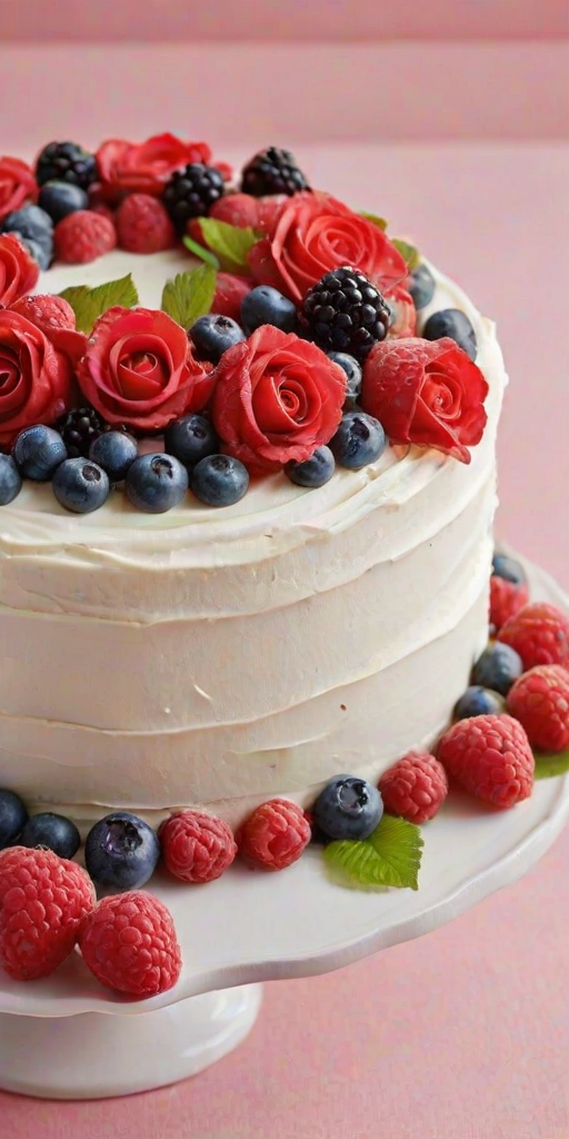 Create an image of a beautifully decorated cake in the shape of a ring. The cake should have layers with a smooth, light-colored frosting. Decorate it with vibrant pink and red buttercream roses, heart-shaped candies, and an assortment of fresh berries like raspberries and blueberries. Add some greenery for contrast. The background should be simple and elegant to highlight the cake's details.