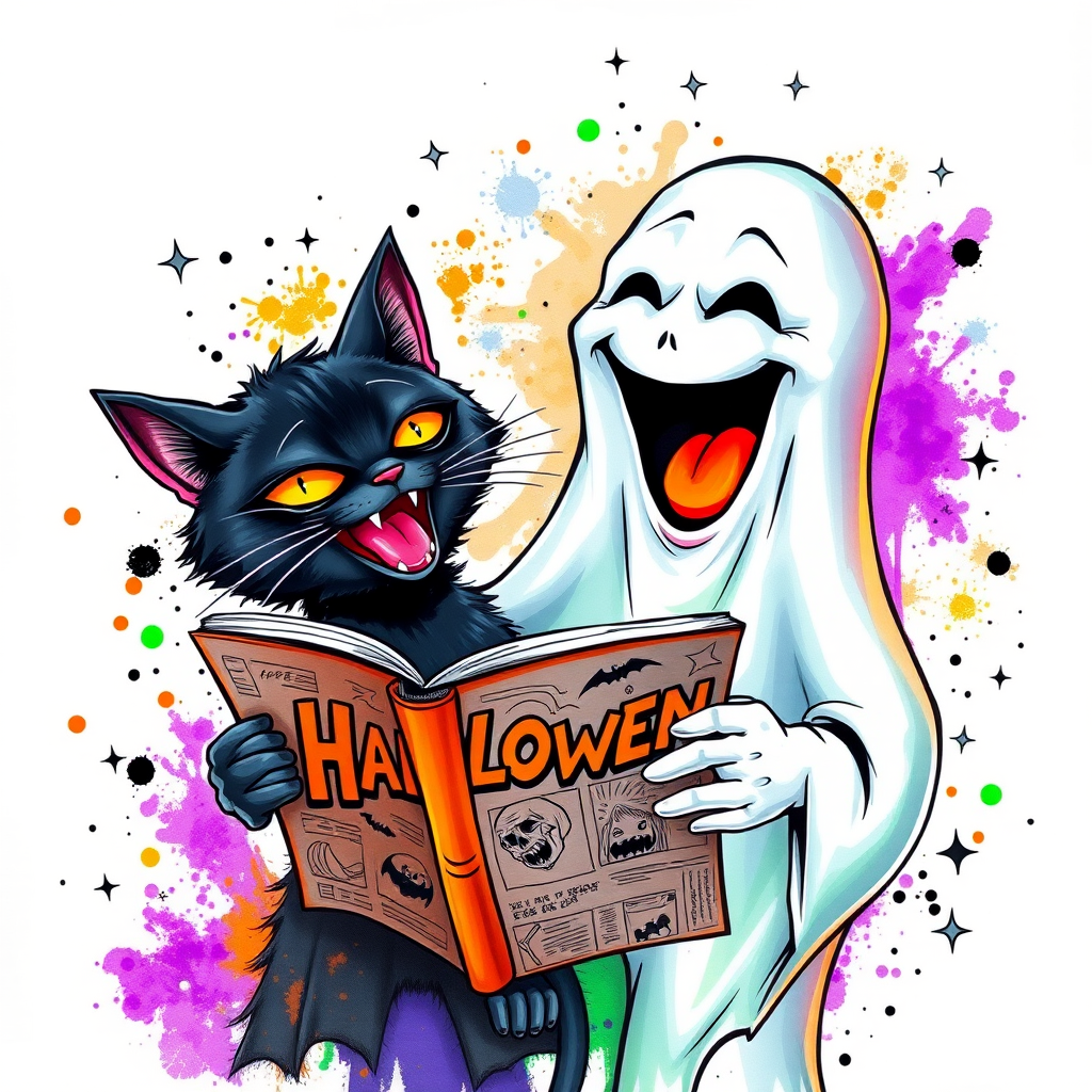Image of a ghost and a black cat laughing exaggeratedly , and reading a comic halloween comic book, alcohol ink airbrush style, funny halloween theme, white background with neon purple, neon orange, neon green splash, black sparkles stars , dazzling BG
