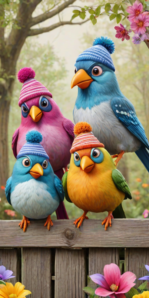 create a scene of 4 quirky  whimsical colourful comical birds each with a funny expression. they are sat on a wooden fence with colourful flowers. they are all different sizes. each one is a different colour  one is wearing a woolly hat. Each one has a different quirky google expression and there is a muted background of trees watercolour paintierly style high definition 8k resolution 3D paper mache