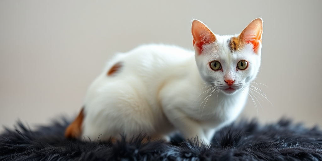 A white cat with distinctive markings sitting on a fluffy black surface, captured with a Canon EOS R, 50mm lens, f/2.8, ISO 100, 1/200s, soft focus background to enhance cat's features.