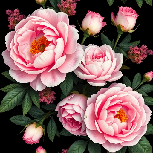 Generate a high-resolution floral pattern featuring peonies, roses, and blooming flowers on a dark background, captured with a DSLR camera, 50mm lens, f/2.8 aperture, ISO 100, and soft natural lighting for enhanced color vibrancy and detail.