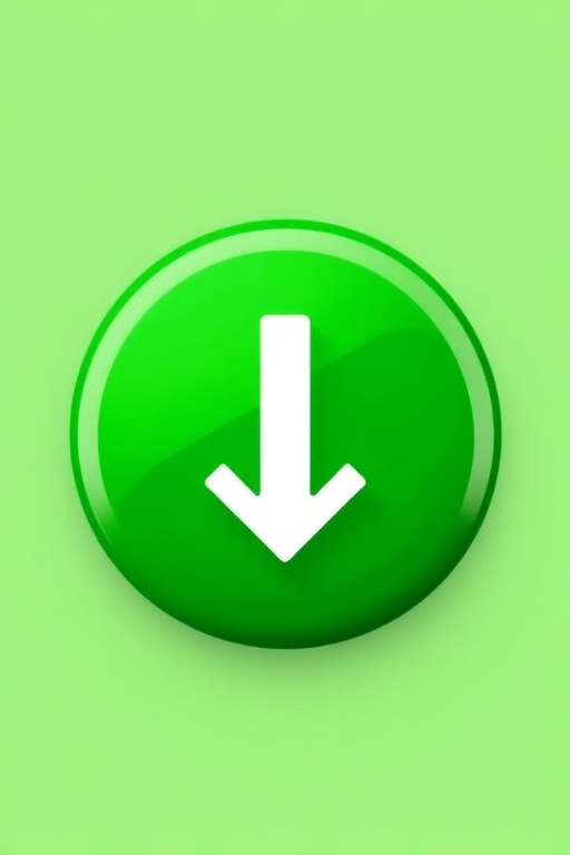 Generate a high-resolution image of a glossy green round button with a white downward arrow in the center, using a 50mm lens, f/2.8 aperture, ISO 100, and soft diffused lighting for even illumination, shot from a straight-on perspective with a shallow depth of field to enhance the focus on the button.