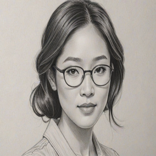 Fetching Constance Wu, pencil sketch, portrait of Charming woman 1949s in glasses, hair style beatnik, outline, clear lines, fine lines, 8k