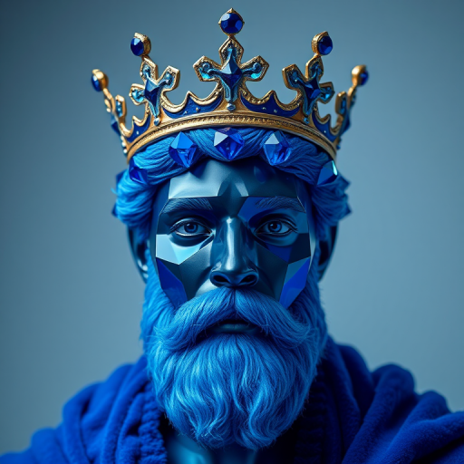 Create a high-resolution portrait of a regal blue king with a crown, styled in a geometric, crystal-like design, focused with a 50mm lens at f/1.8, in a softbox studio setting to enhance the contrast and colors, using a DSLR camera.