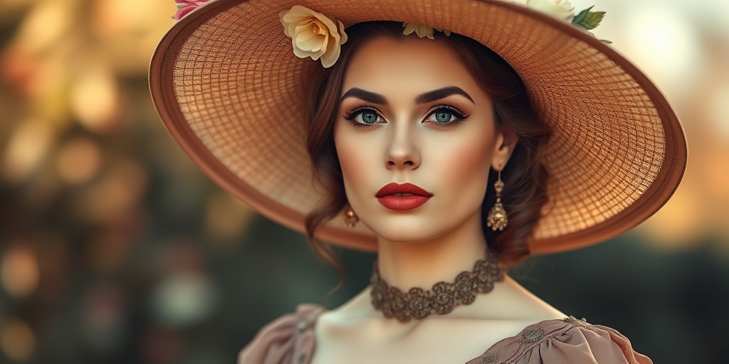 A vintage-style portrait of a woman in an elegant dress and large hat adorned with flowers, soft natural lighting, shot with a Canon EOS 5D Mark IV, 50mm lens, f/1.8, ISO 100, two-point lighting to enhance facial features and soft focus background.