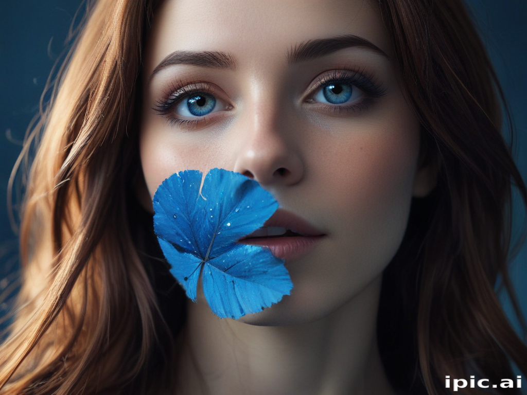 Enchanting Portrait of a Woman with Striking Blue Eyes and Leaf