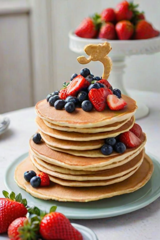Create an image of a three-tiered cake made of pancakes. Each layer should be stacked high and decorated with fresh strawberries and blueberries on top. The cake should be placed on a simple round cake stand, with a soft, elegant background that suggests a celebration atmosphere.