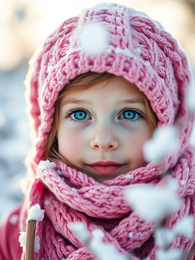 portrait of a young girl with bright blue eyes surrounded by snow, wearing a pink knitted hat and scarf, soft focus, natural light, 85mm lens, f/1.8 aperture, ISO 100, shallow depth of field, Canon EOS R5, winter scene