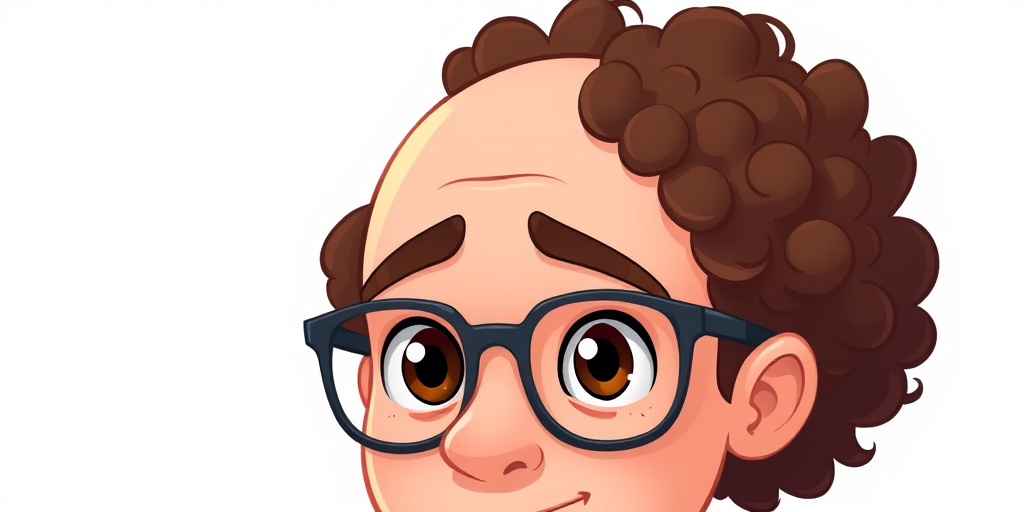Create a cartoon-style illustration of a person with a bald head and large, curly brown facial hair, wide eyes, and thick glasses, captured with a digital camera at 50mm lens, f/1.8 aperture, ISO 200, in high resolution with a soft focus background.