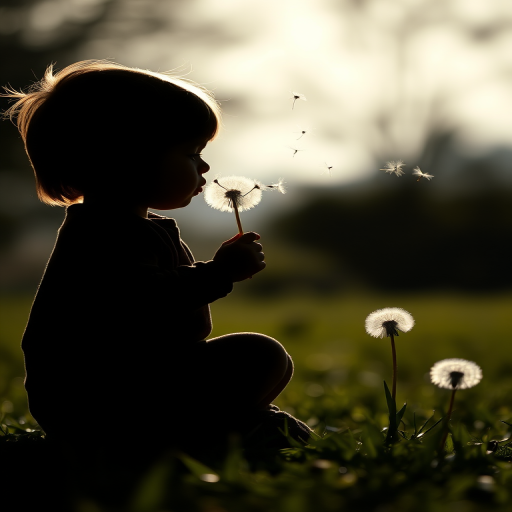 Create a silhouette of a child blowing dandelion seeds while kneeling, high contrast, shot with a 50mm lens at f/1.8, 1/200s exposure, ISO 100, in soft natural light, with a shallow depth of field for a dreamy background.