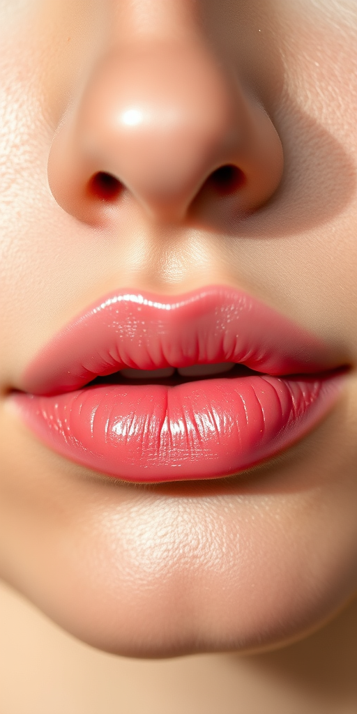 Innocent woman lips enhanced with sheer pink tint and subtle shimmer, full face capture radiating youthful glow and natural charm