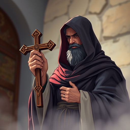 Create a highly detailed illustration of a robed figure holding a cross, set against a soft, blurred background for depth, using a DSLR camera at f/2.8 for shallow depth of field, ISO 100, with a 50mm lens to capture vibrant colors and fine textures.