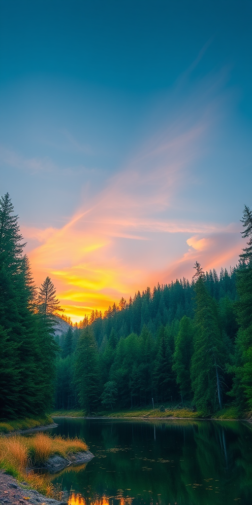 Create a detailed landscape image of a tranquil forest during sunset, utilizing a DSLR camera with a 50mm lens, aperture set to f/1.8, ISO at 200, shutter speed of 1/100 sec, shooting from a low angle view with a slight tilt to capture the rich colors of the sky and reflections in a clear lake.