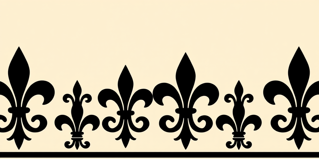 Create a high-resolution image of an elegant border design featuring stylized black fleur-de-lis motifs against a soft beige background, using a DSLR camera set to f/8, ISO 100, with a 50mm lens from a straight-on view, capturing vibrant colors and fine details in a minimalist style.