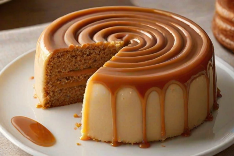 Create an image of a round cake with a smooth caramel glaze on top. The cake should have a spiral pattern on the surface and be sliced to reveal its light-colored sponge layers inside. The setting should have a simple white tablecloth background.