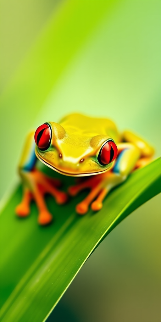 Create a vibrant, low-poly stylized image of a red-eyed tree frog on a green leaf, using a Canon EOS 5D Mark IV with a 50mm f/1.8 lens, aperture set to f/2.8, ISO 100, and natural lighting for enhanced color contrast.