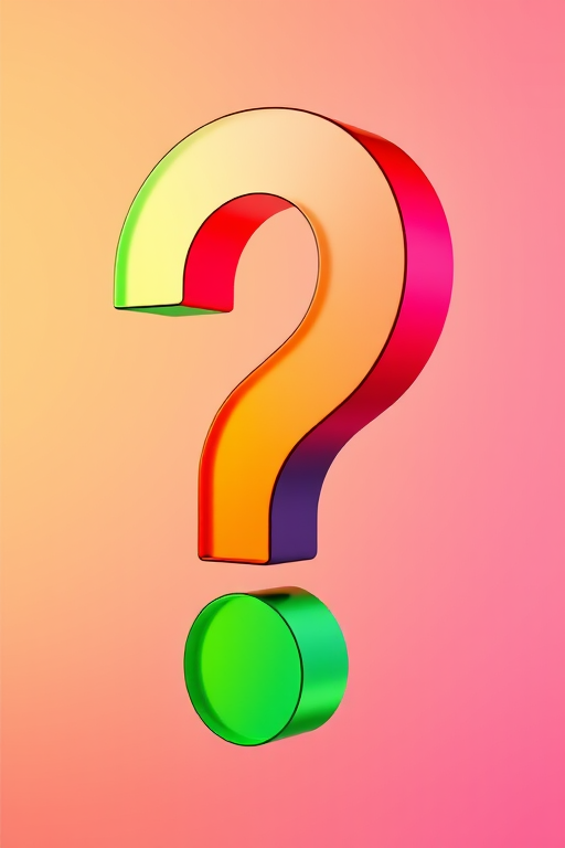 Create a vibrant, high-resolution image of a large rainbow-colored question mark with a smooth gradient background, using a DSLR camera at f/2.8, 1/500s, ISO 100, with a shallow depth of field and soft focus.