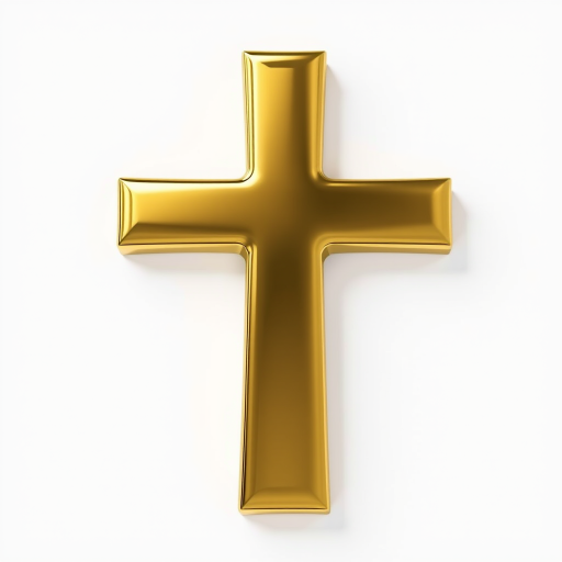Create a high-resolution image of a 3D shiny gold cross with reflections and highlights, using a DSLR camera with a 50mm lens, f/2.8 aperture, ISO 100, and a softbox lighting setup for even illumination.