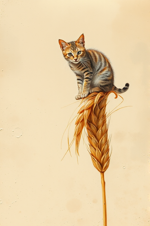 Soft, muted Alcohol Ink with ebru effect background image of tiny whimsical cat, who climbed high on the top of a golden rye ear.