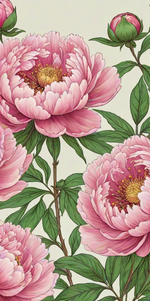 generate a detailed line drawing of pink peony flowers with green leaves on a light background