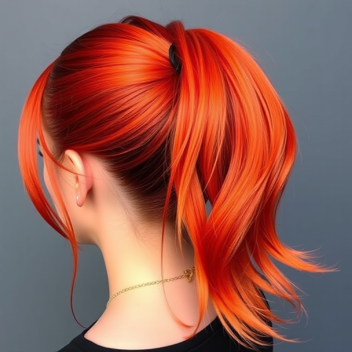 Fiery orange-to-red ombre hair in a sleek ponytail, designed by Phoenix Flame, featuring a high-shine finish and subtle golden highlights that catch the light with every movement